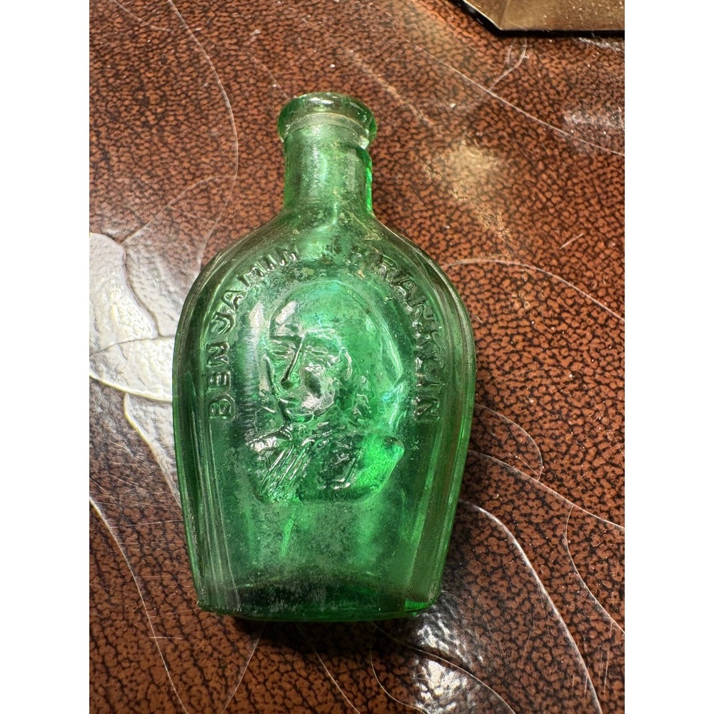 Mini Green Glass Bottle Benjamin Franklin Embossed 2" Tall Vintage